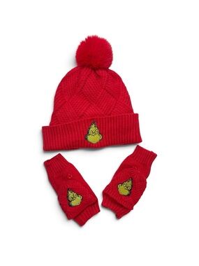Official Bioworld Grinch Red Cable Knit Pom Beanie & Convertible Mitten Set OSFM